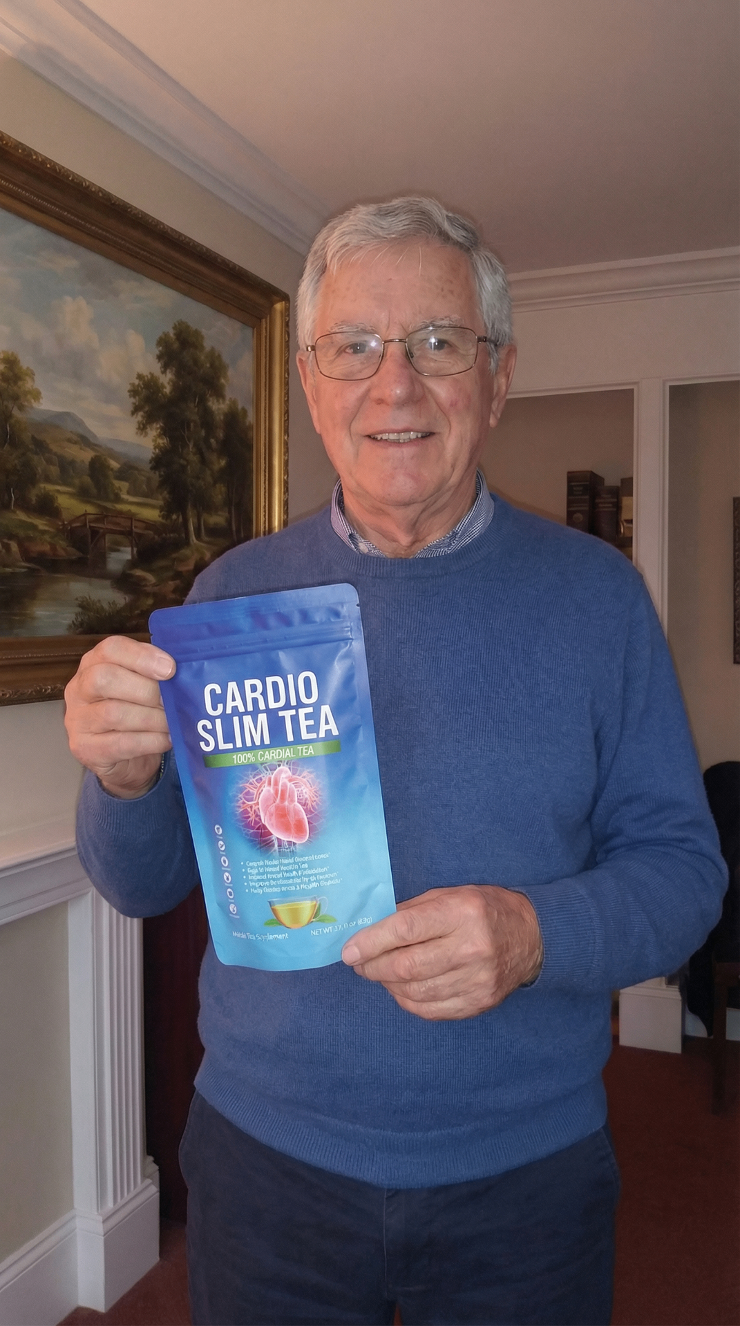 Customer holding Cardio Slim Tea pouch in living room