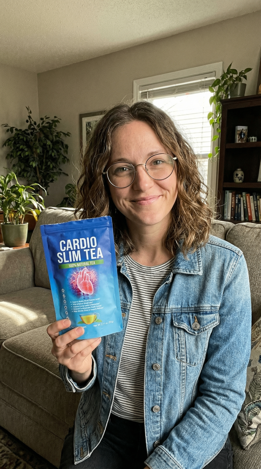 Customer holding Cardio Slim Tea pouch at home