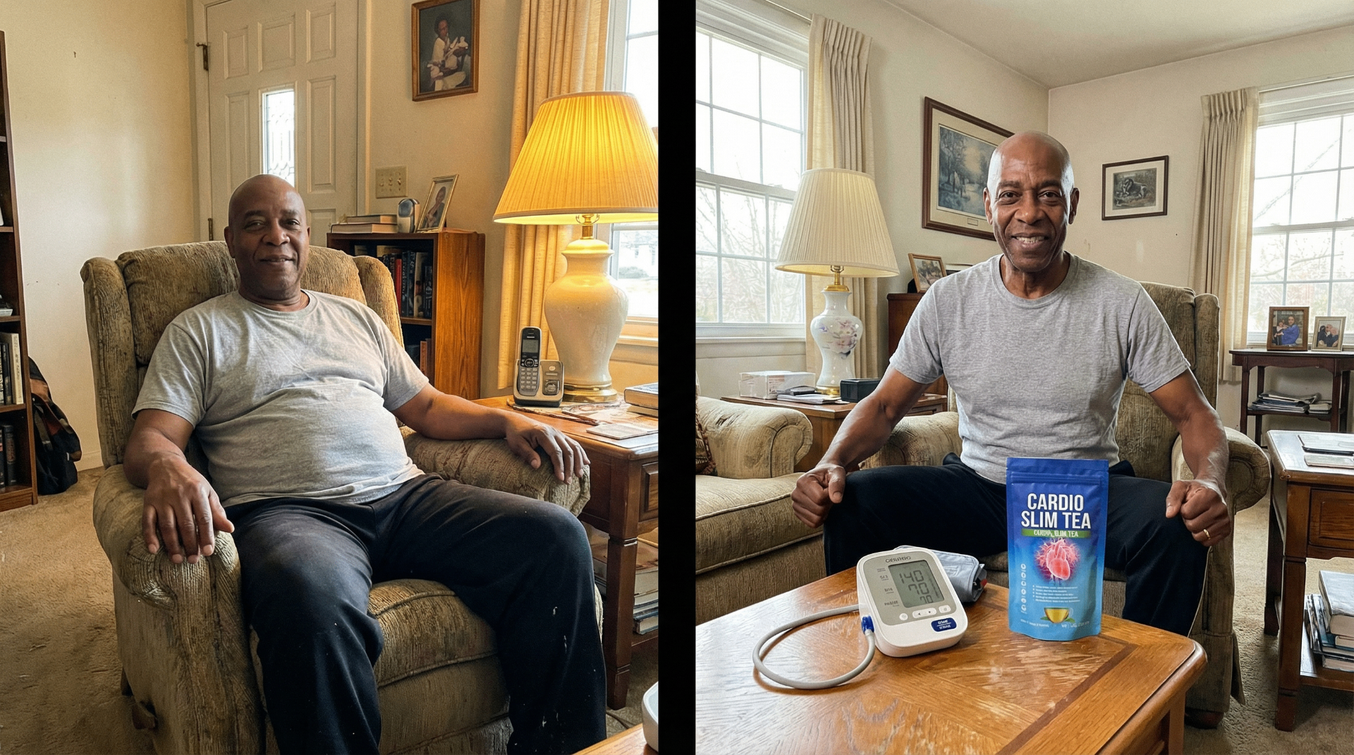 Before and after lifestyle photo showing a Cardio Slim Tea customer with a blood pressure monitor