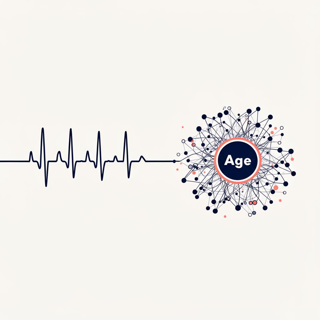 A 12-lead ECG waveform feeding into a neural network that returns a single biological age.
